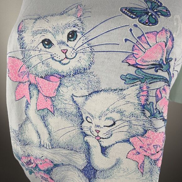 80s/90s Vintage Graphic Cat T-Shirt Pastel Kawaii Kitten | Made in USA - Picture 3 of 14